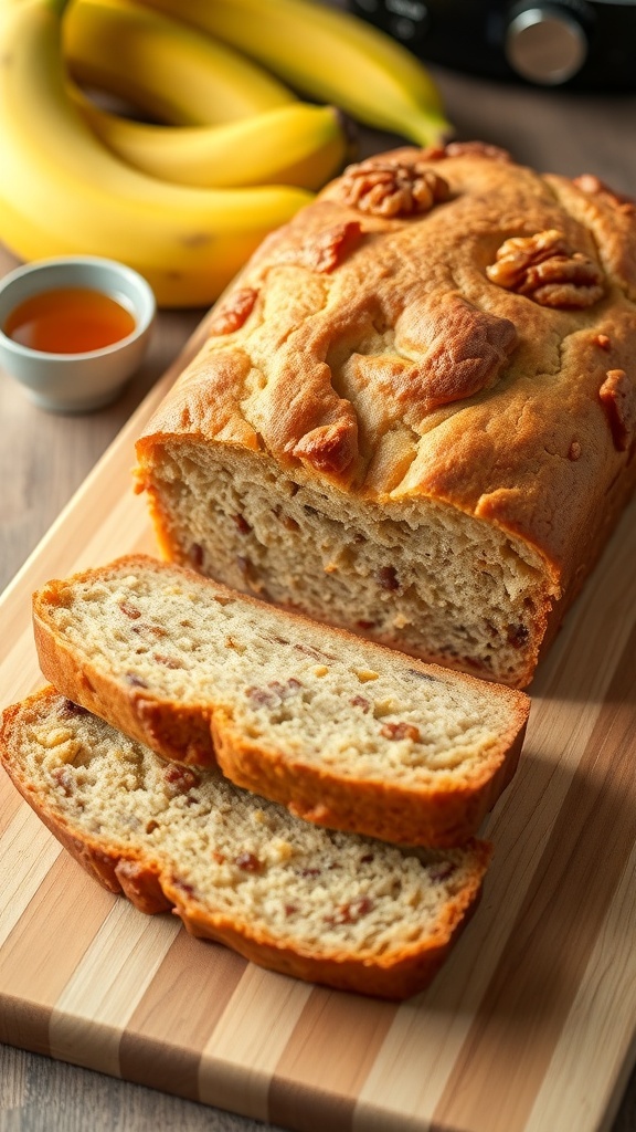 Low Sugar Banana Bread Recipe A loaf of low sugar banana bread sliced on a cutting board with walnuts and bananas in the background.
